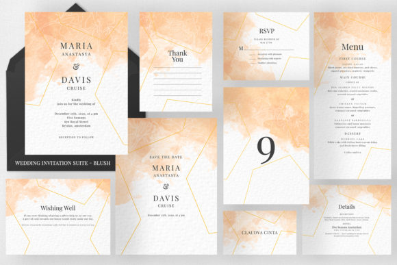 Peach Watercolor Invitation Suite Print Templates