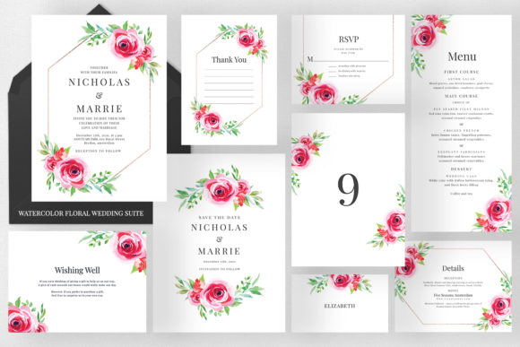 Watercolor Floral Wedding Suite Print Templates